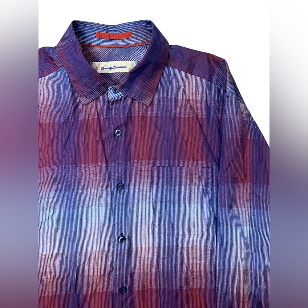 Tommy Bahama Men's Cotton Silk Blend Gradient Plaid Long Sleeve‎ Shirt Large